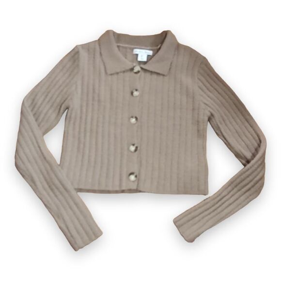 London Kaye Cropped Button Down Ribbed Long Sleeve Knit Sweater with Collar US L - Picture 1 of 7